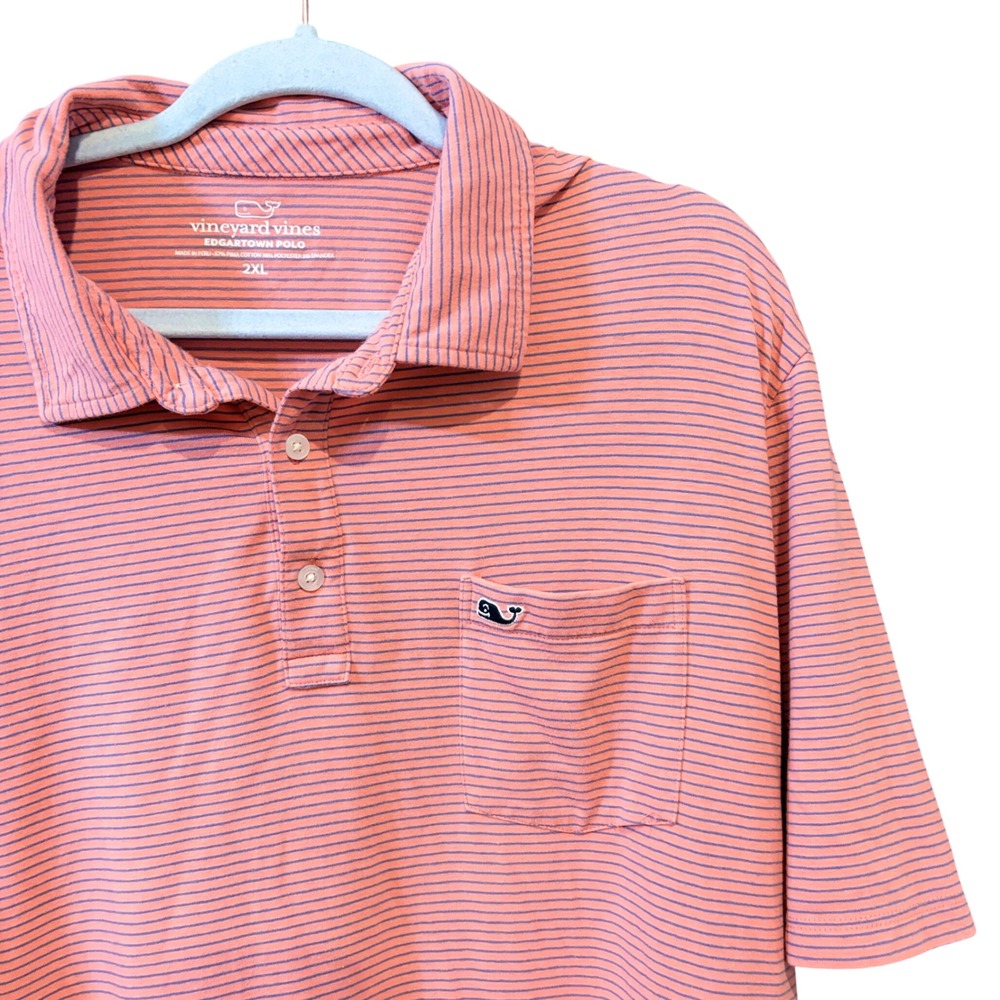 Vineyard Vines Edgartown Polo Mens 2XL Coral Pink Blue Striped Pima Cotton Shirt